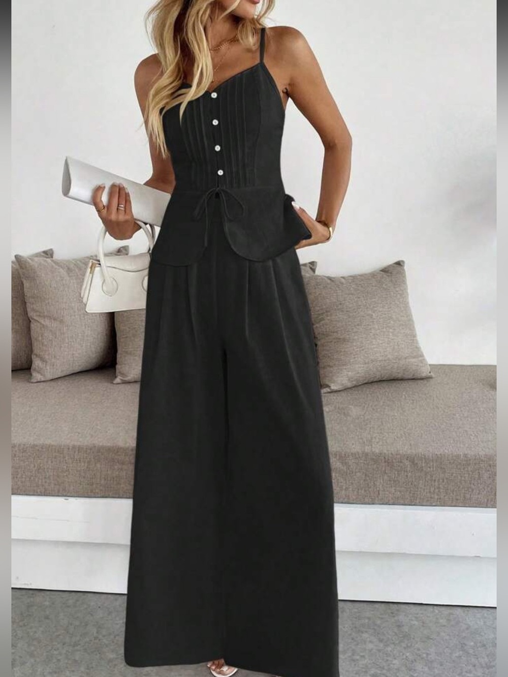 Black 2 Piece Wide-Leg Pants with Structured Corset Bodice Top Set - Picture 5 of 6